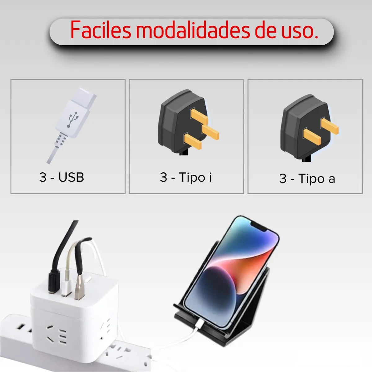 Enchufe Adaptador Cubo Universal 3 Tomas + 3 Usb - Image 2